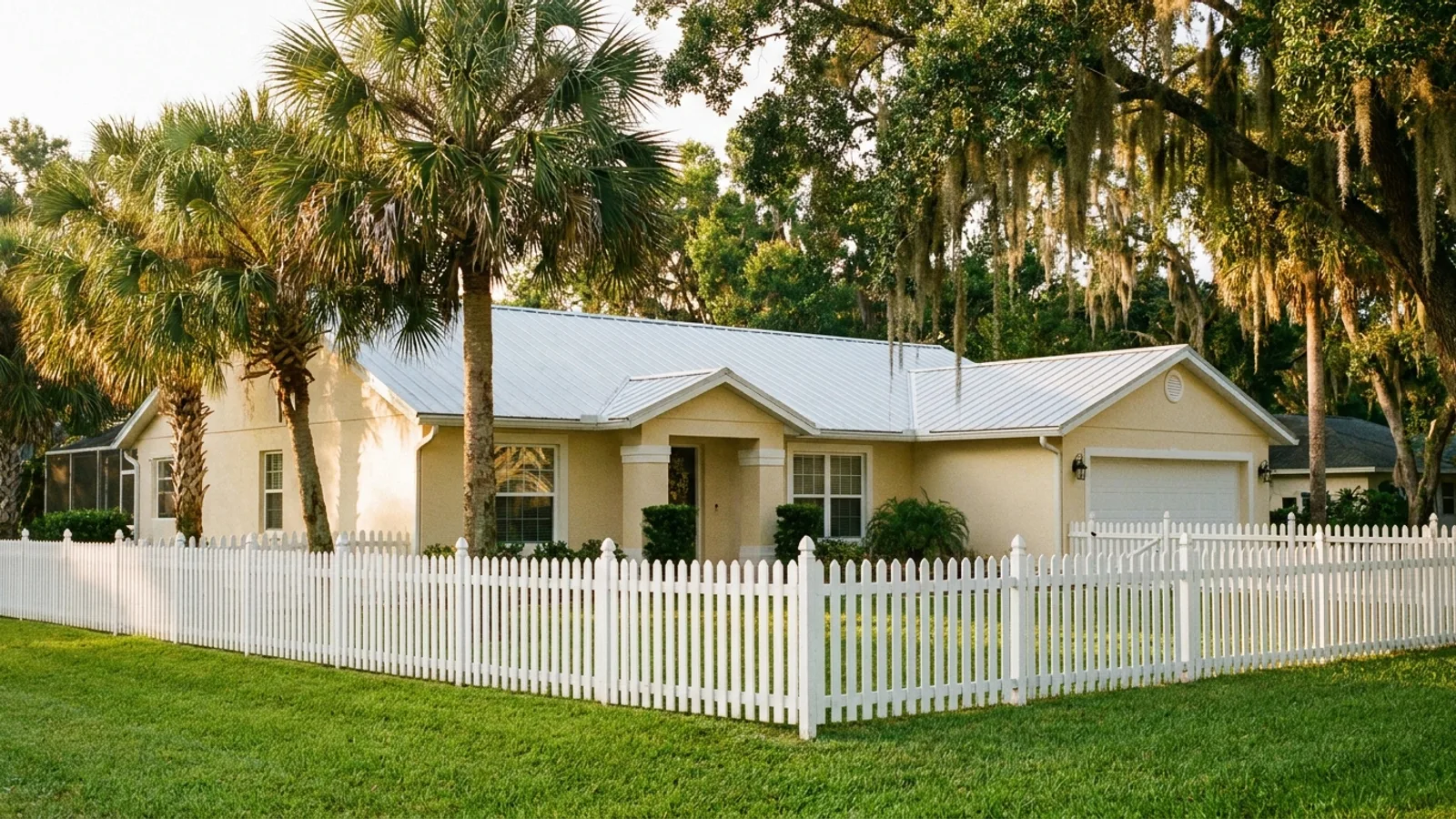 A Florida single-family home exterior with a fresh coat of paint and a repaired wood fence in warm morning light