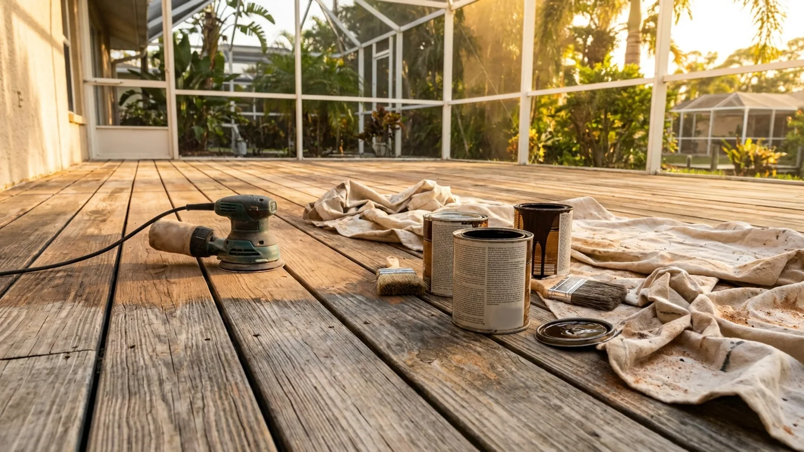A homeowner's exterior deck being refinished on a Florida backyard patio with sanding tools and stain cans in natural light