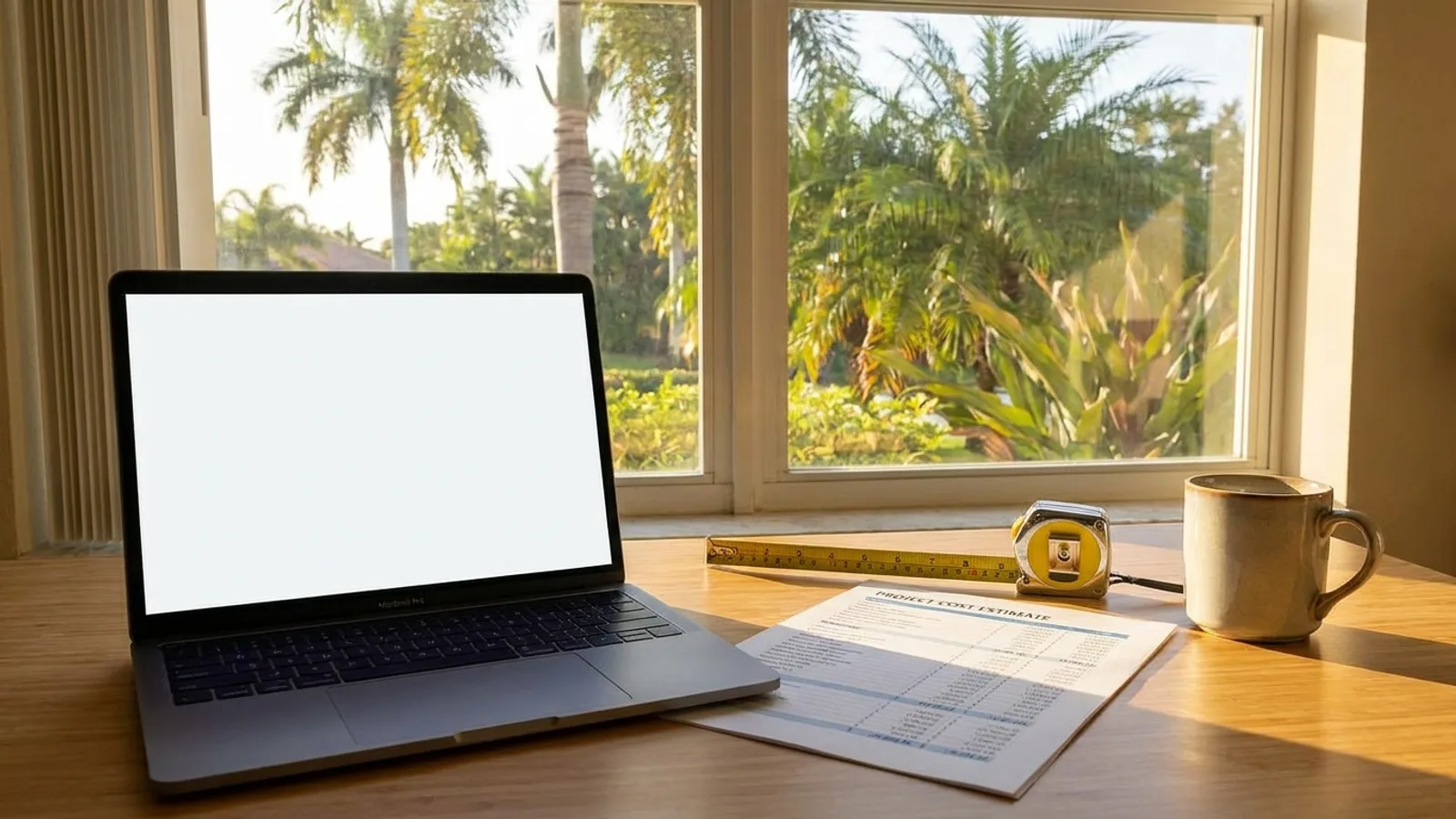 A tidy Florida home office desk with a laptop, a printed project cost estimate, and a measuring tape in warm window light