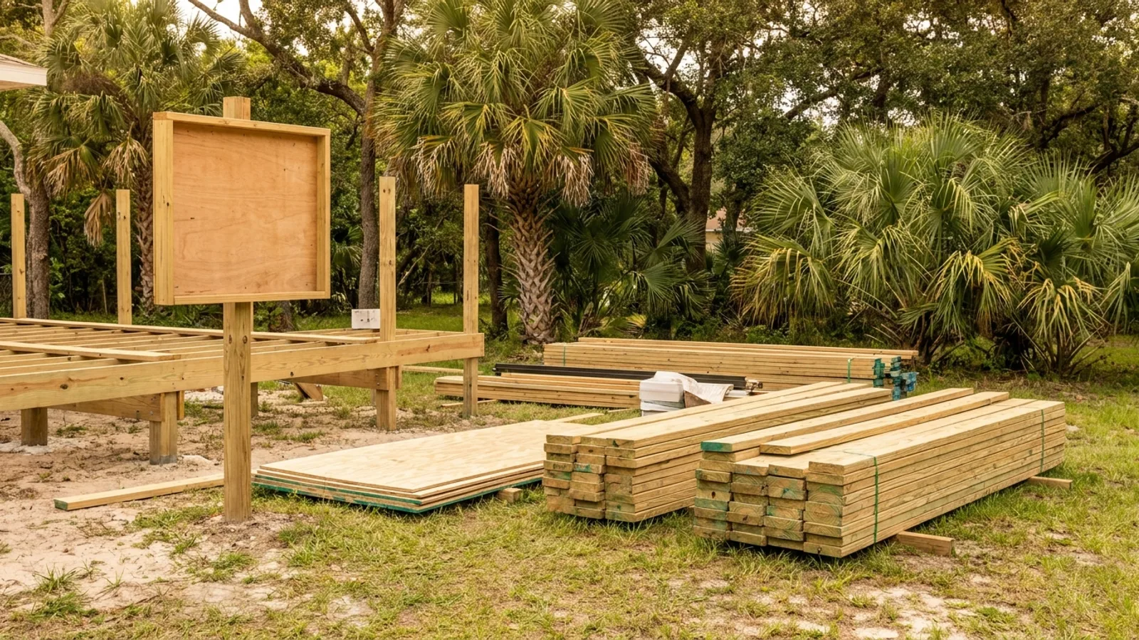 A backyard project site in Central Florida with building materials staged and a permit notice board near the work area, warm daylight