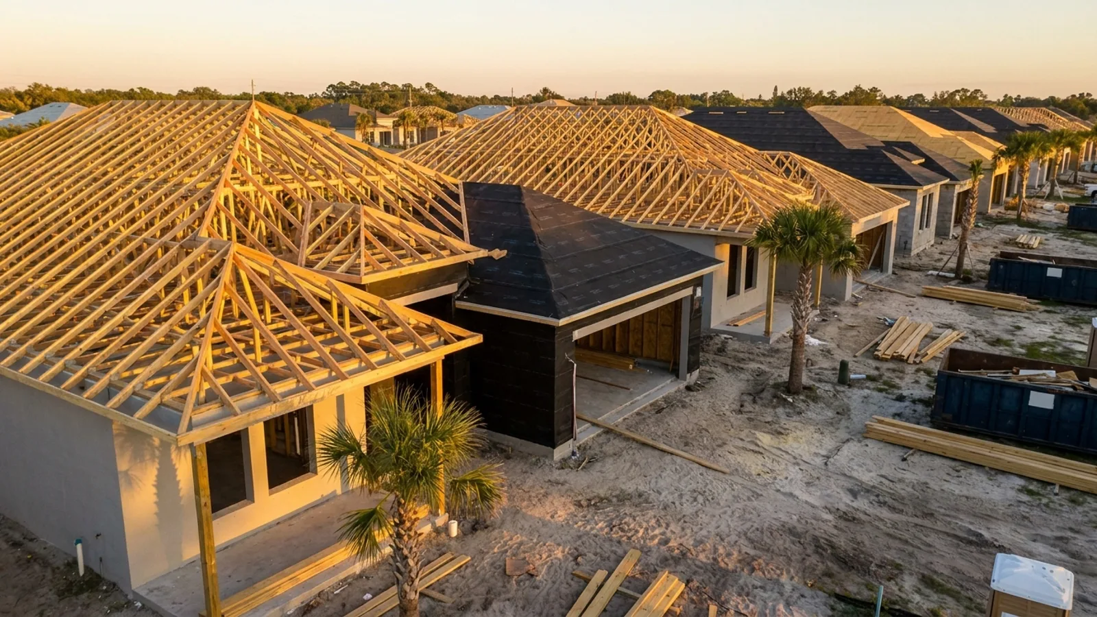 A row of new Florida residential rooftops under construction against a warm sky, illustrating new-construction development