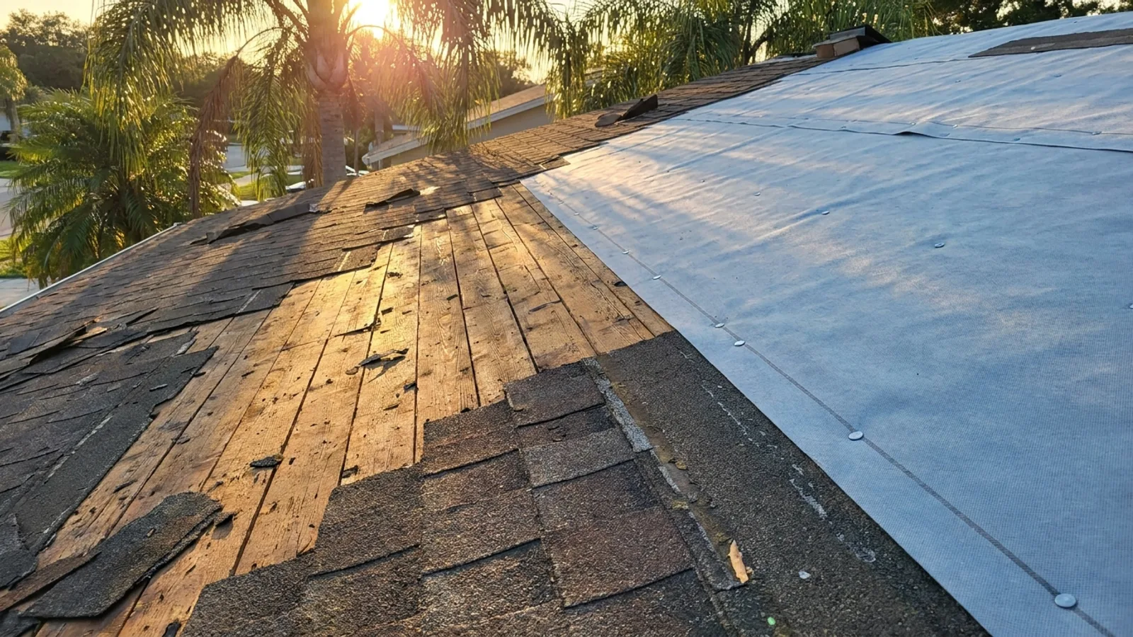 A residential asphalt shingle roof mid-replacement in Central Florida with new underlayment exposed, warm afternoon light