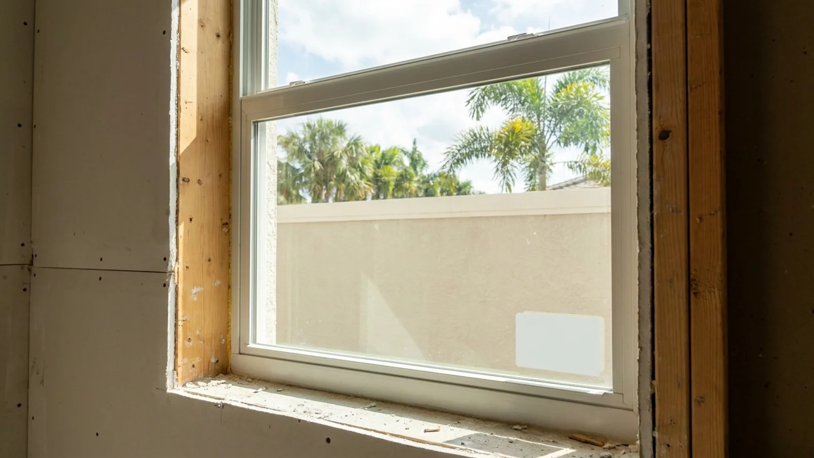 A new impact-rated window with a visible manufacturer performance label in a Florida home under construction