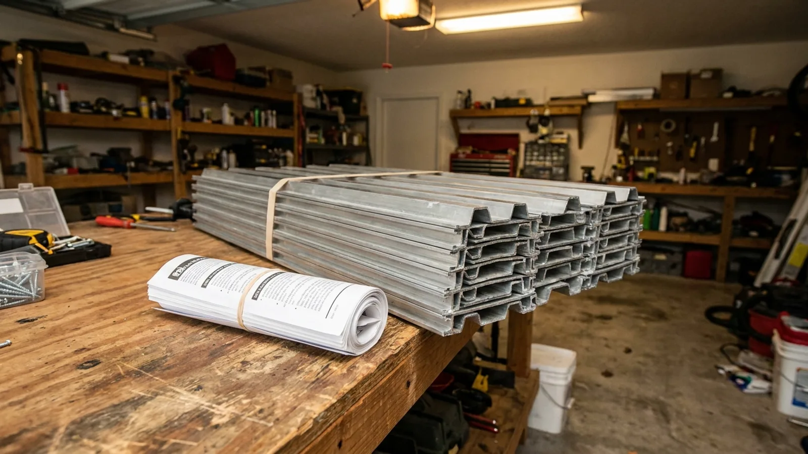 New hurricane-rated shutter panels and product documentation on a workbench in a Florida garage