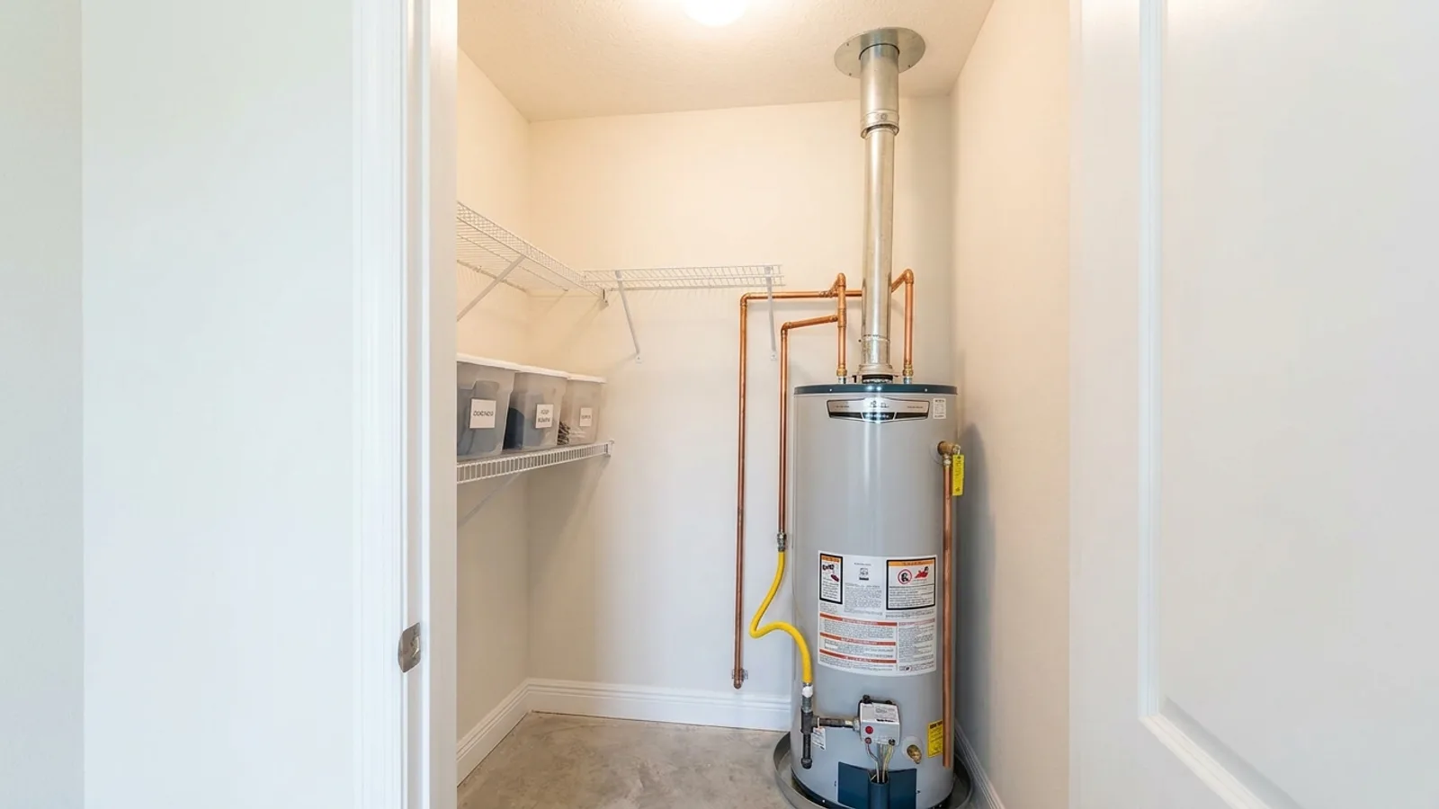 A newly installed gas water heater with clean connections in a Florida home utility closet