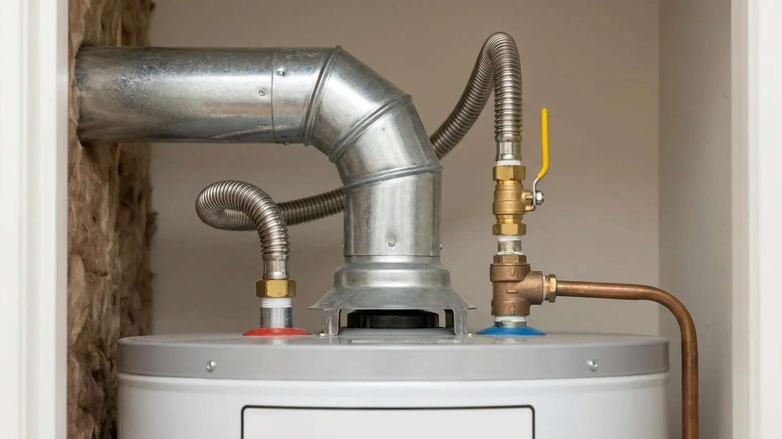 A close-up of the top of a gas water heater showing the vent and gas connections