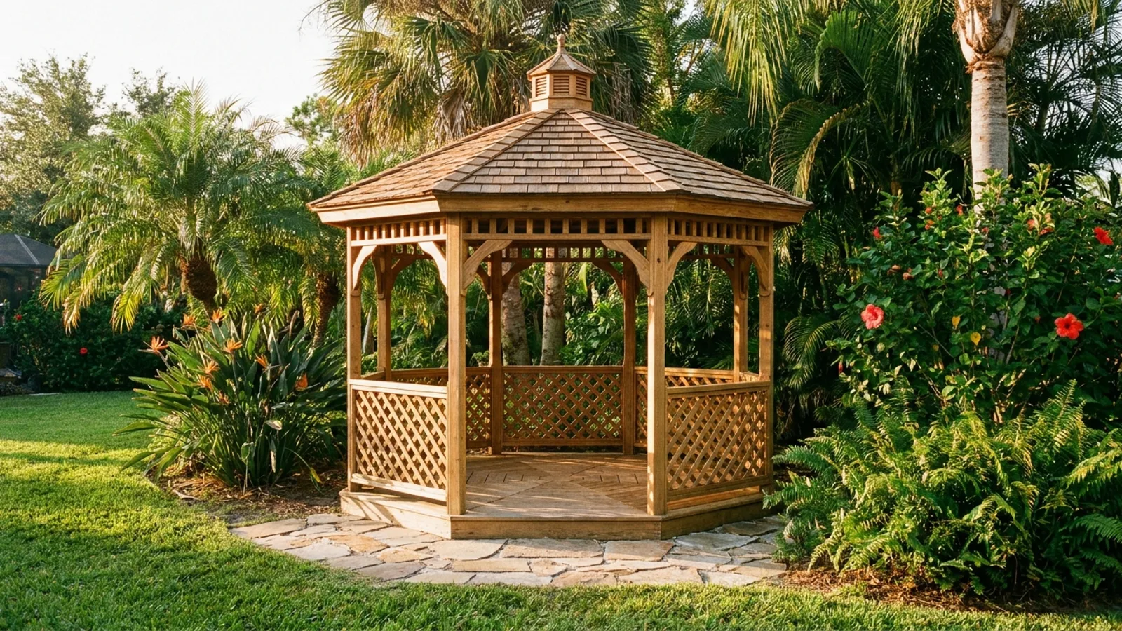 A freestanding backyard gazebo on a paver base in a Florida yard