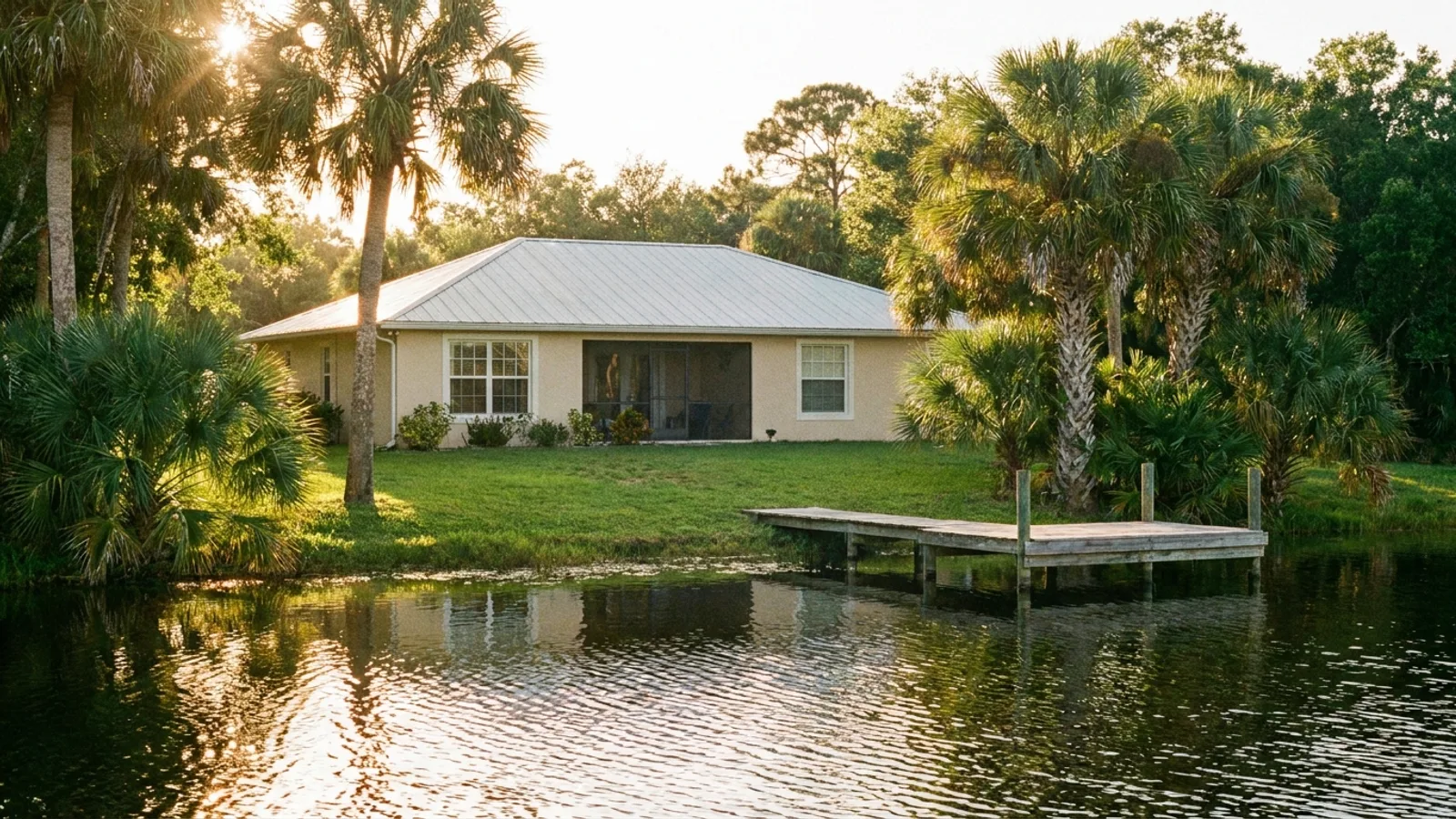 A single-family Florida home near a lake on a bright day suggesting a flood-prone setting