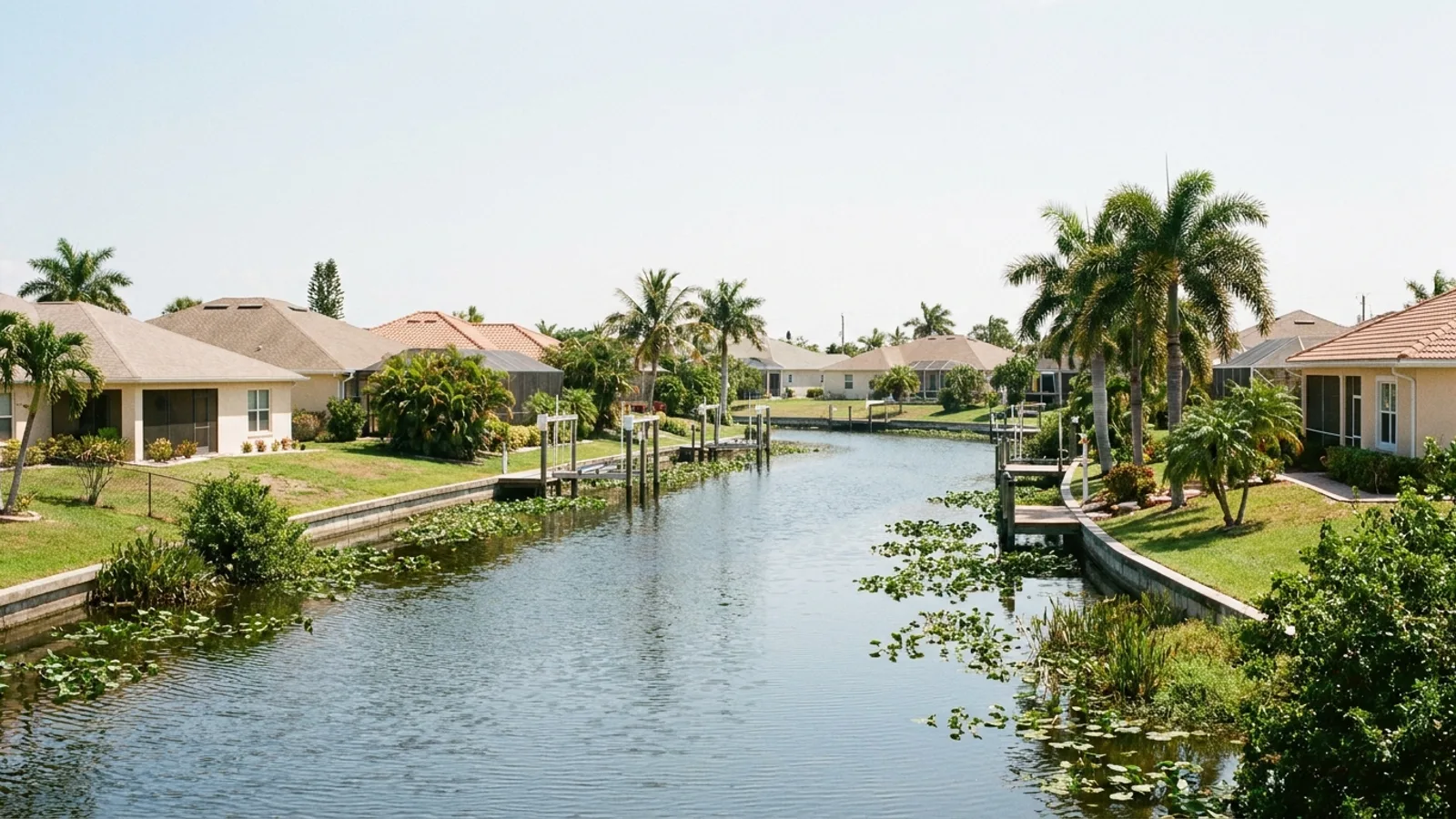 A Florida residential neighborhood bordering a canal with homes near the water