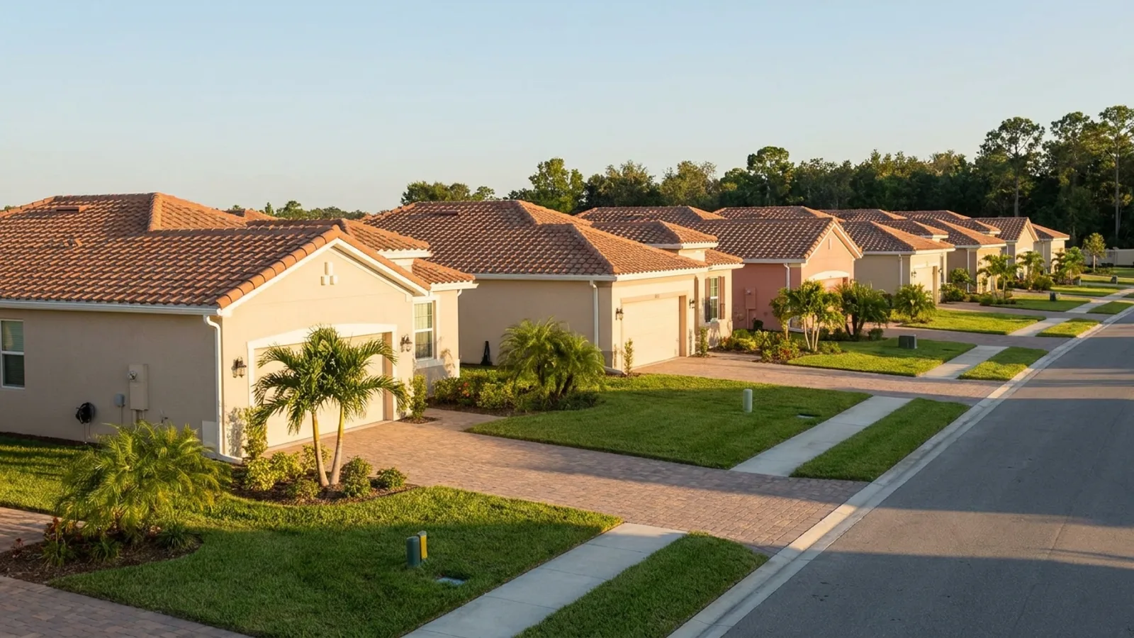 A Florida suburban home in an HOA community with a manicured lawn and uniform architecture