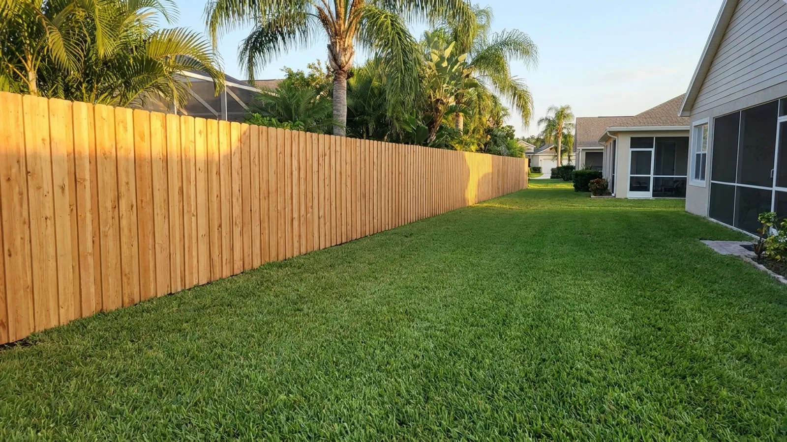 A newly installed wooden privacy fence along the back property line of a Florida suburban home
