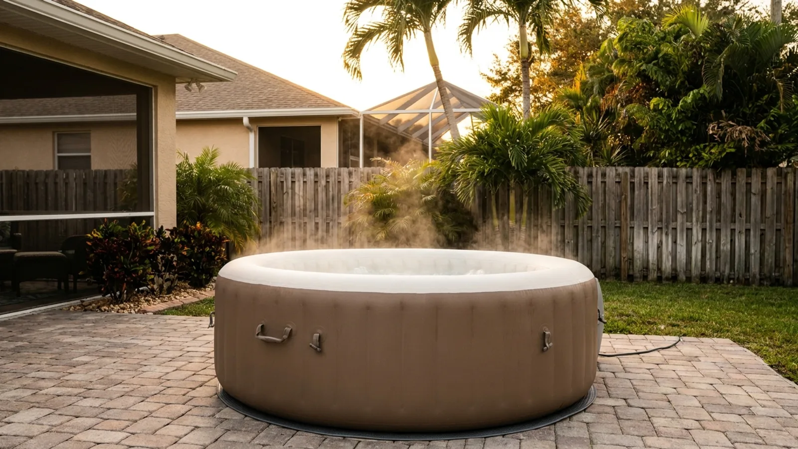A portable hot tub on a paver patio with steam rising beside a Florida home