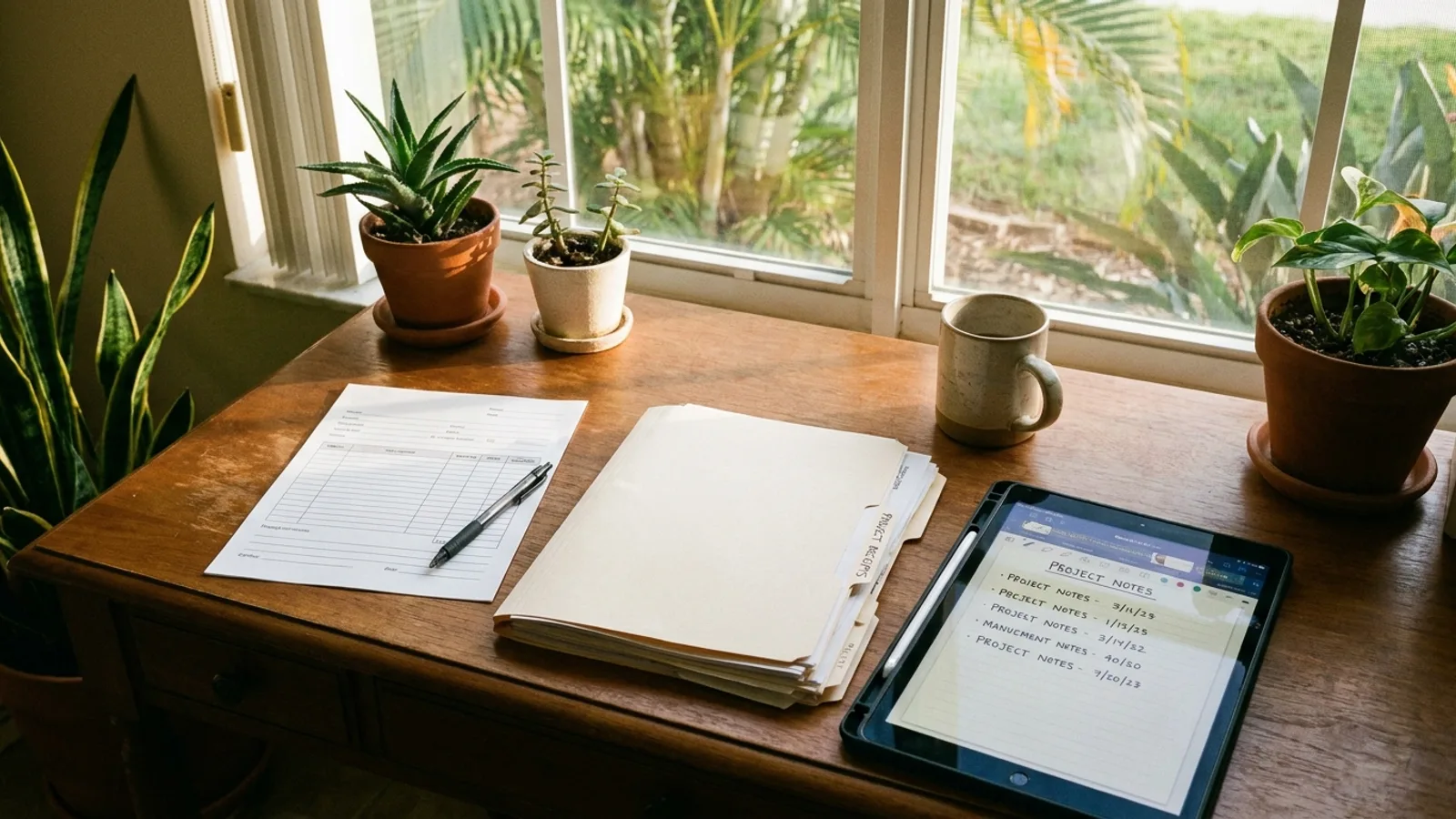 A homeowner filling out a simple written form at a desk with organized project notes