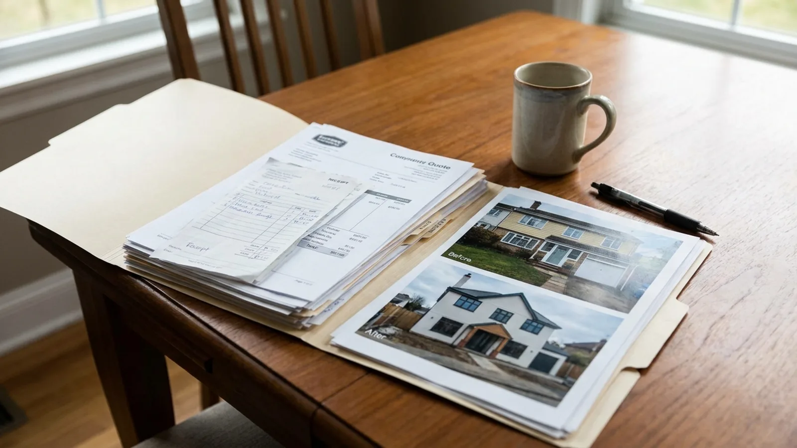 An organized folder of home improvement receipts, quotes, and before-and-after photos