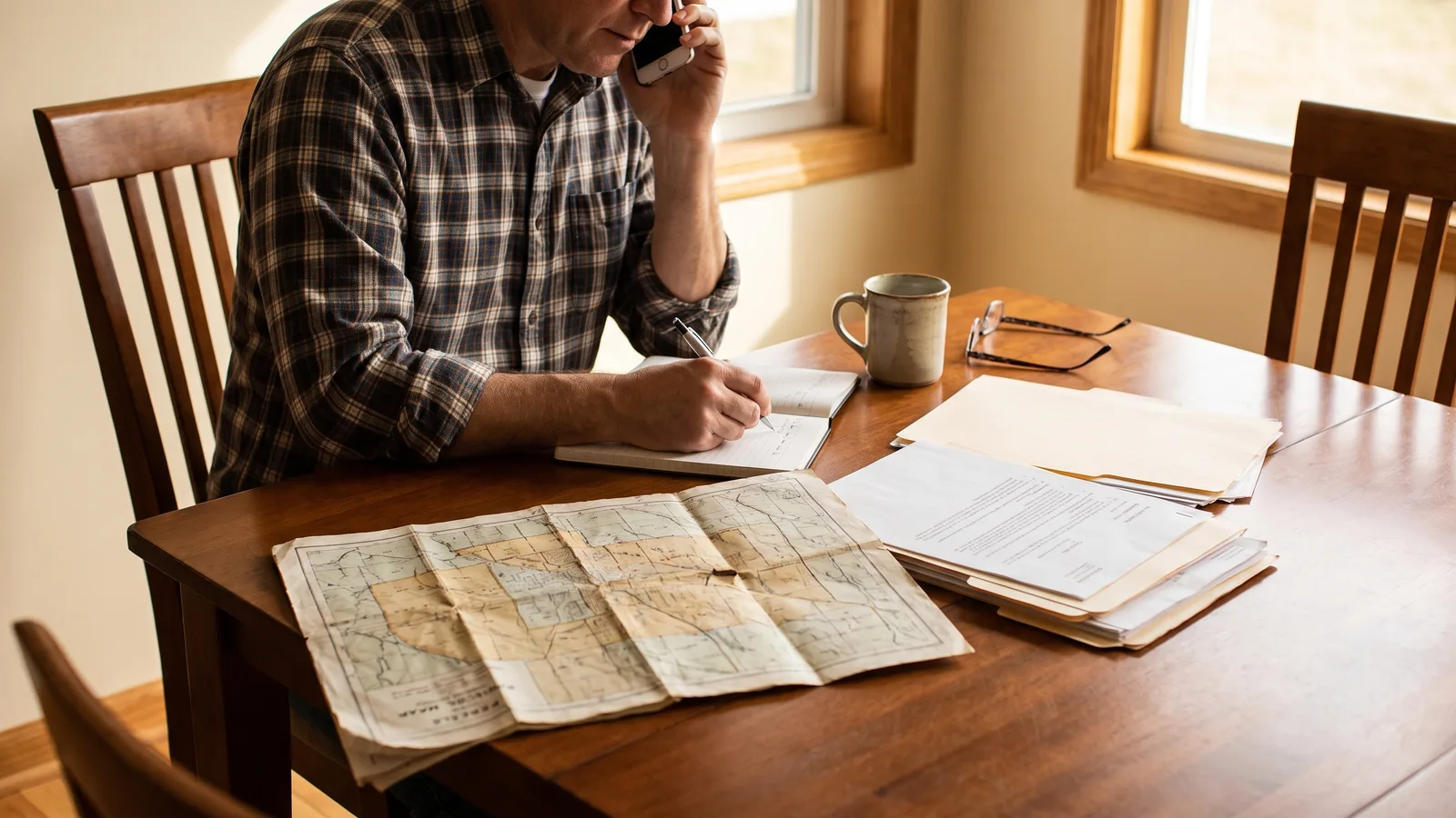 A homeowner on the phone taking notes with a parcel map and property documents on the table
