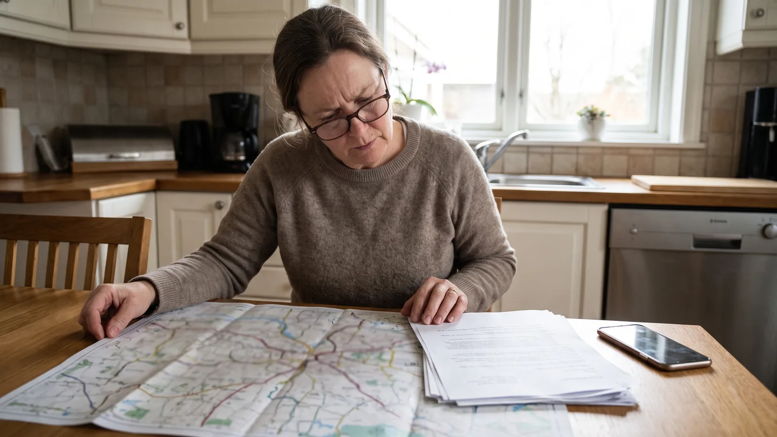 A homeowner reviewing a county parcel map and property records at a kitchen table