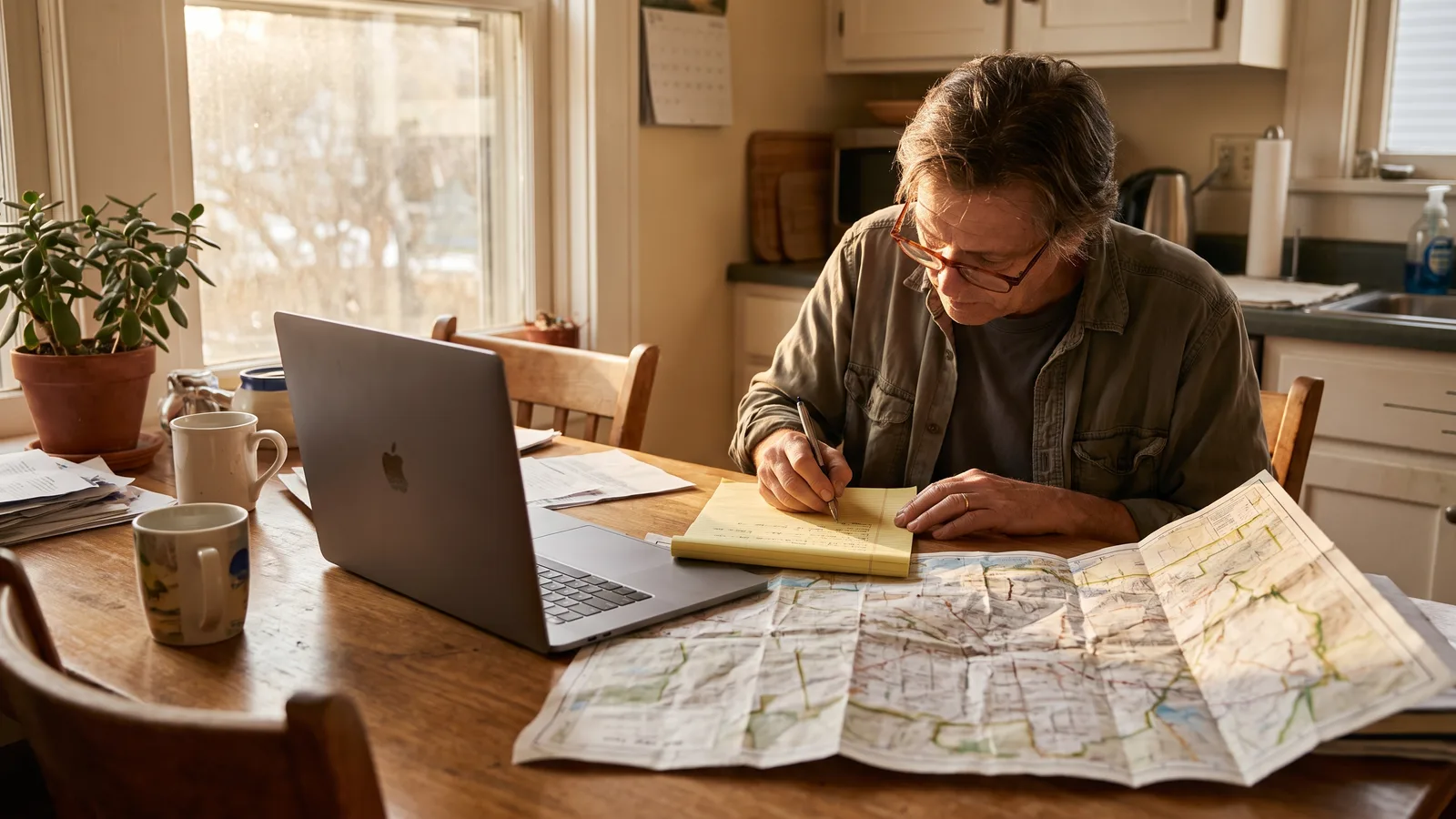 A person searching a local government permit records database on a laptop at a kitchen table