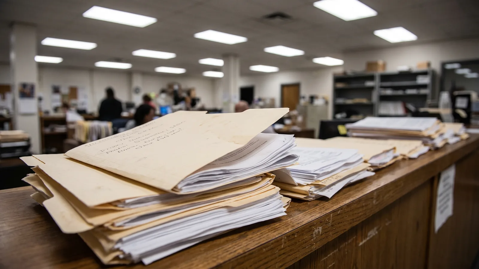 A stack of paper building permit files and folders on a records counter