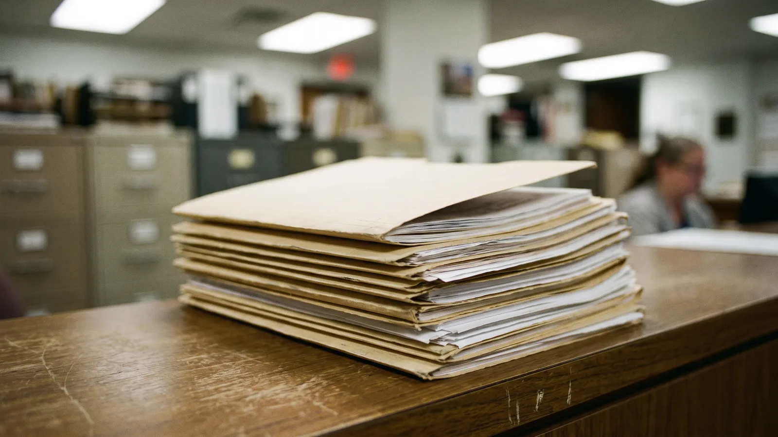 A stack of paper permit files and folders on a records office counter