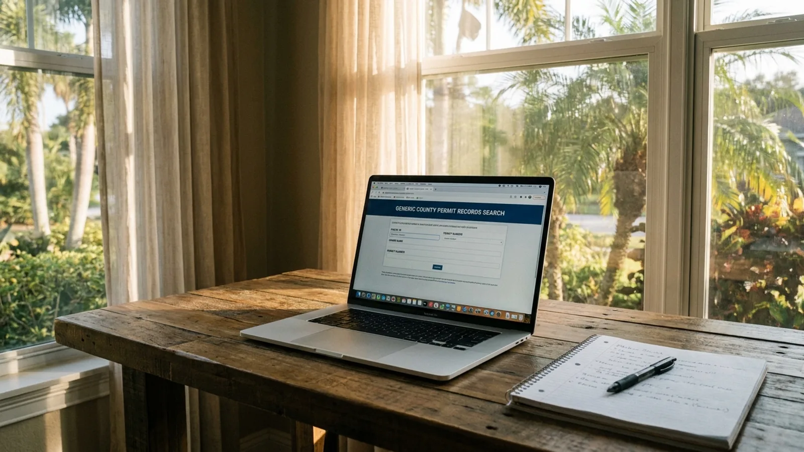 A laptop on a desk showing a county permit records search page near a window