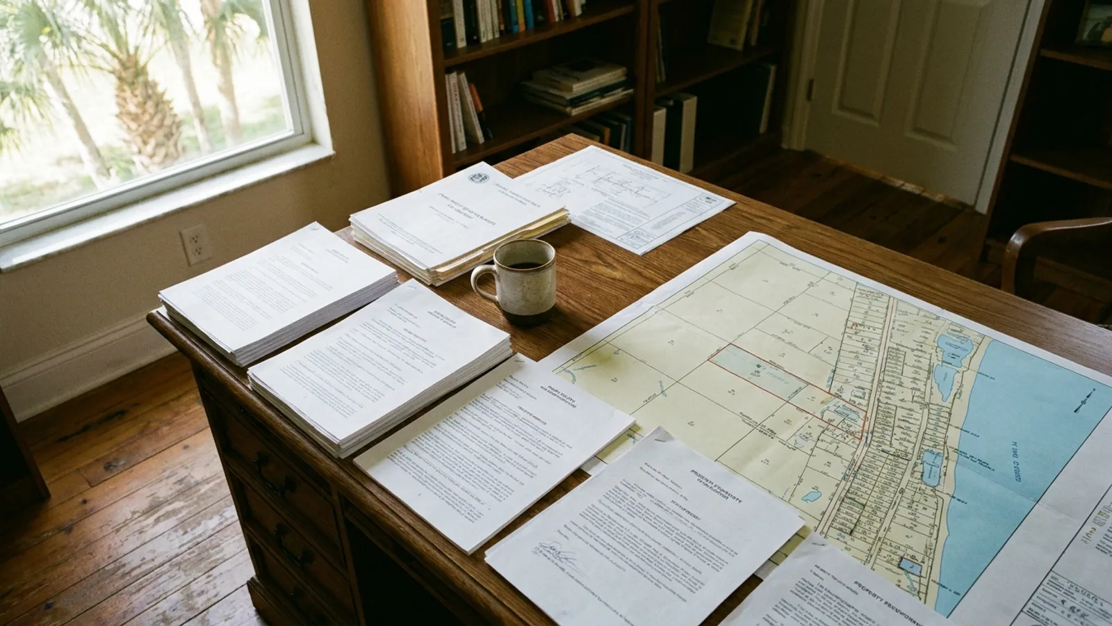A desk scene with printed property documents, a parcel map, and a laptop