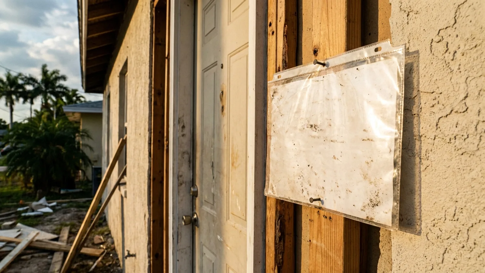 A posted job-site building permit card mounted near the front door of a Florida home under renovation