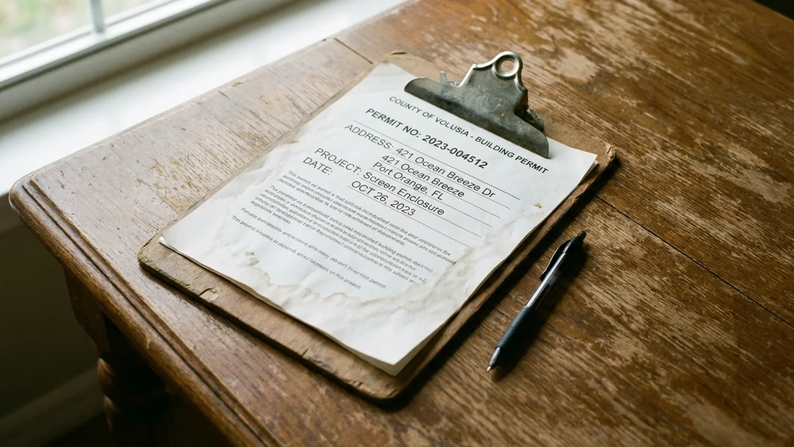 A printed building permit document and a clipboard with a pen on a wooden table inside a Florida home