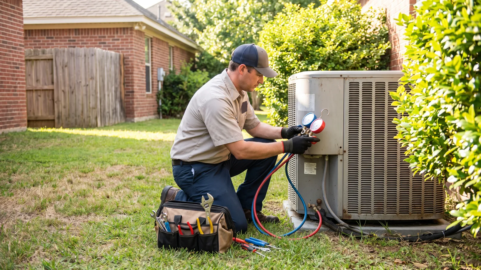 An outdoor air conditioning condenser unit installed on a pad beside a Georgia home
