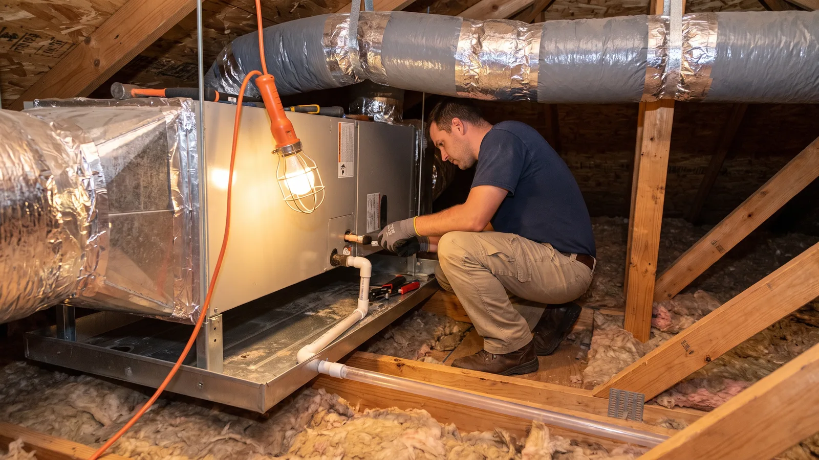 A technician servicing an indoor air handler and connected ductwork in a residential attic