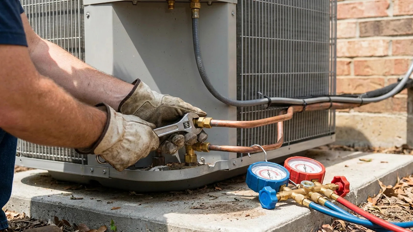 An outdoor air conditioning condenser unit beside a North Carolina home