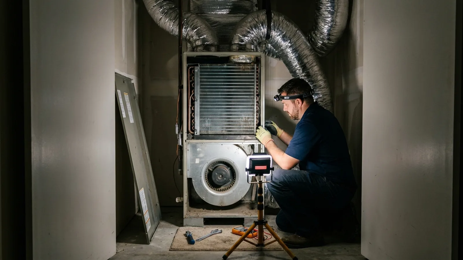 A technician servicing an air handler unit inside a home utility closet