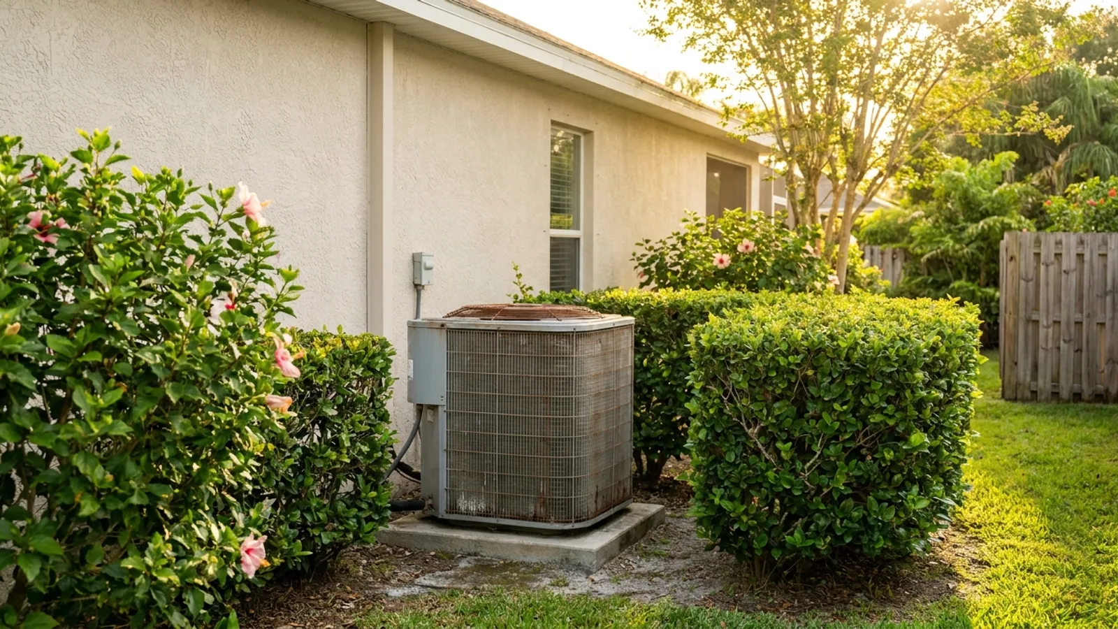 An outdoor air conditioner condenser unit beside a Florida home