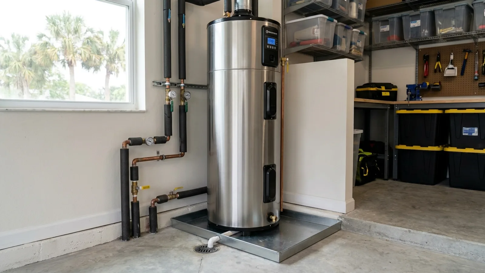 A residential water heater installed in a Florida garage utility area