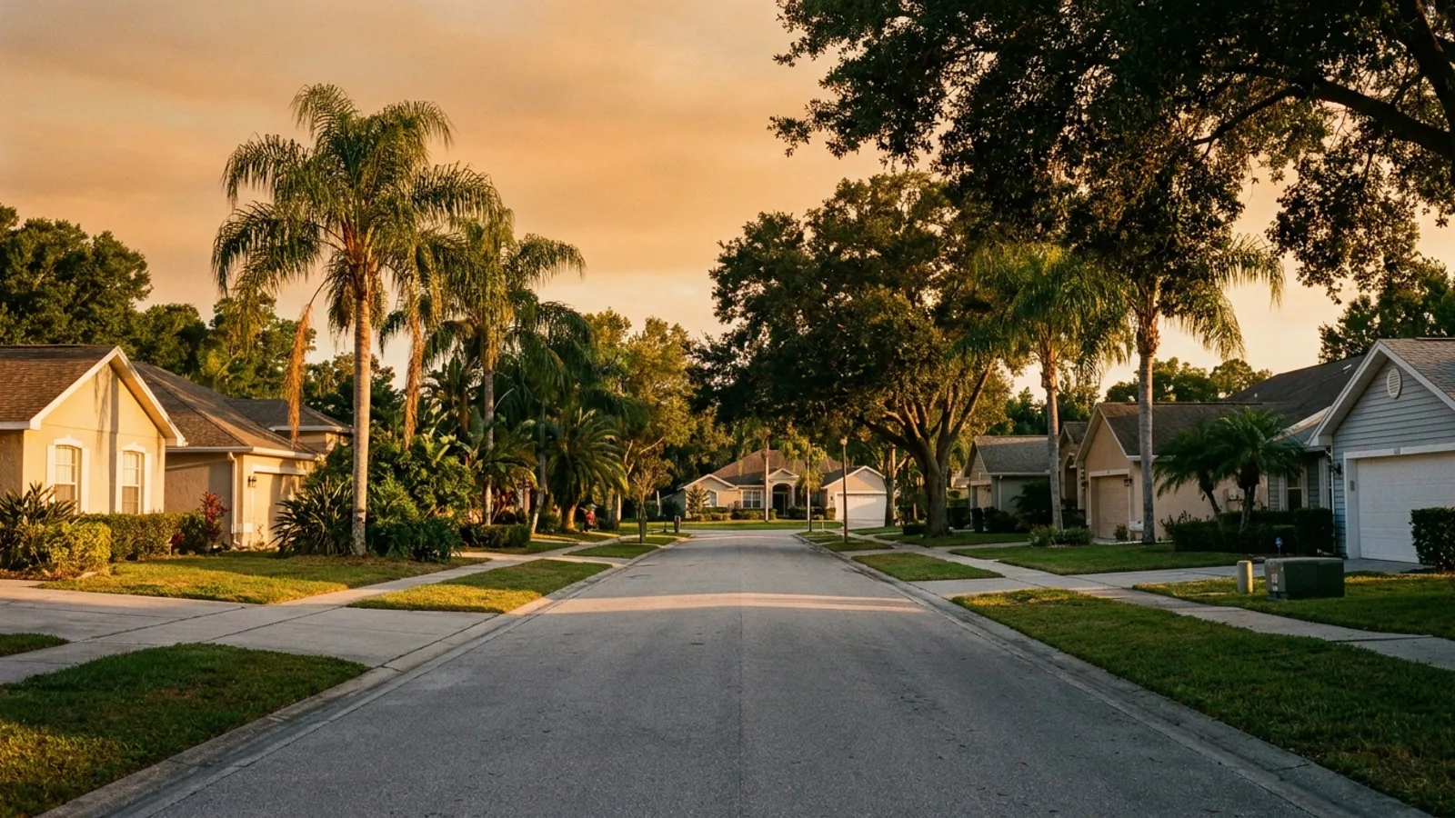 A suburban Central Florida street with single-family homes in warm afternoon light