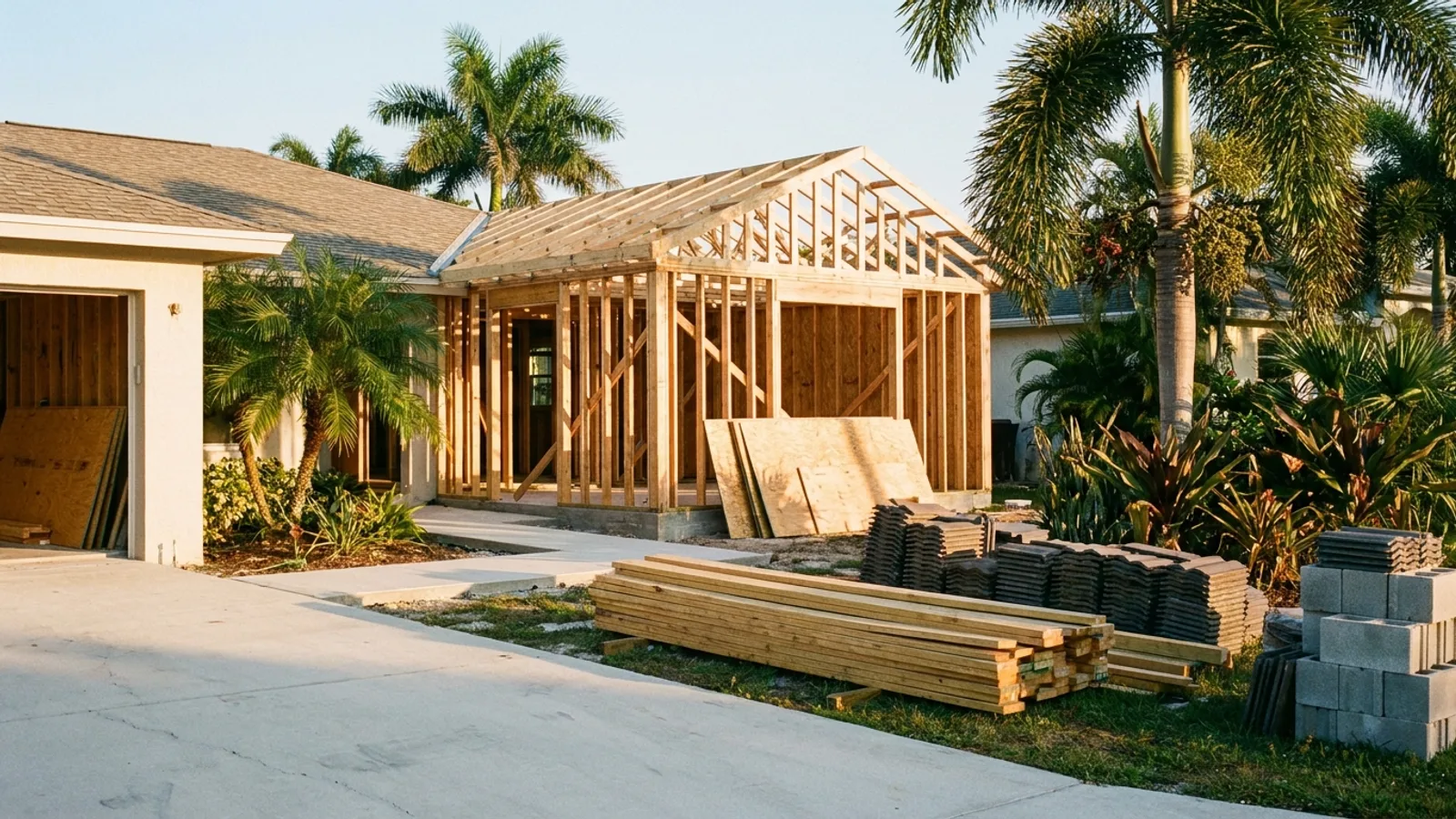 A new home addition under construction at a Florida property with framing and a driveway