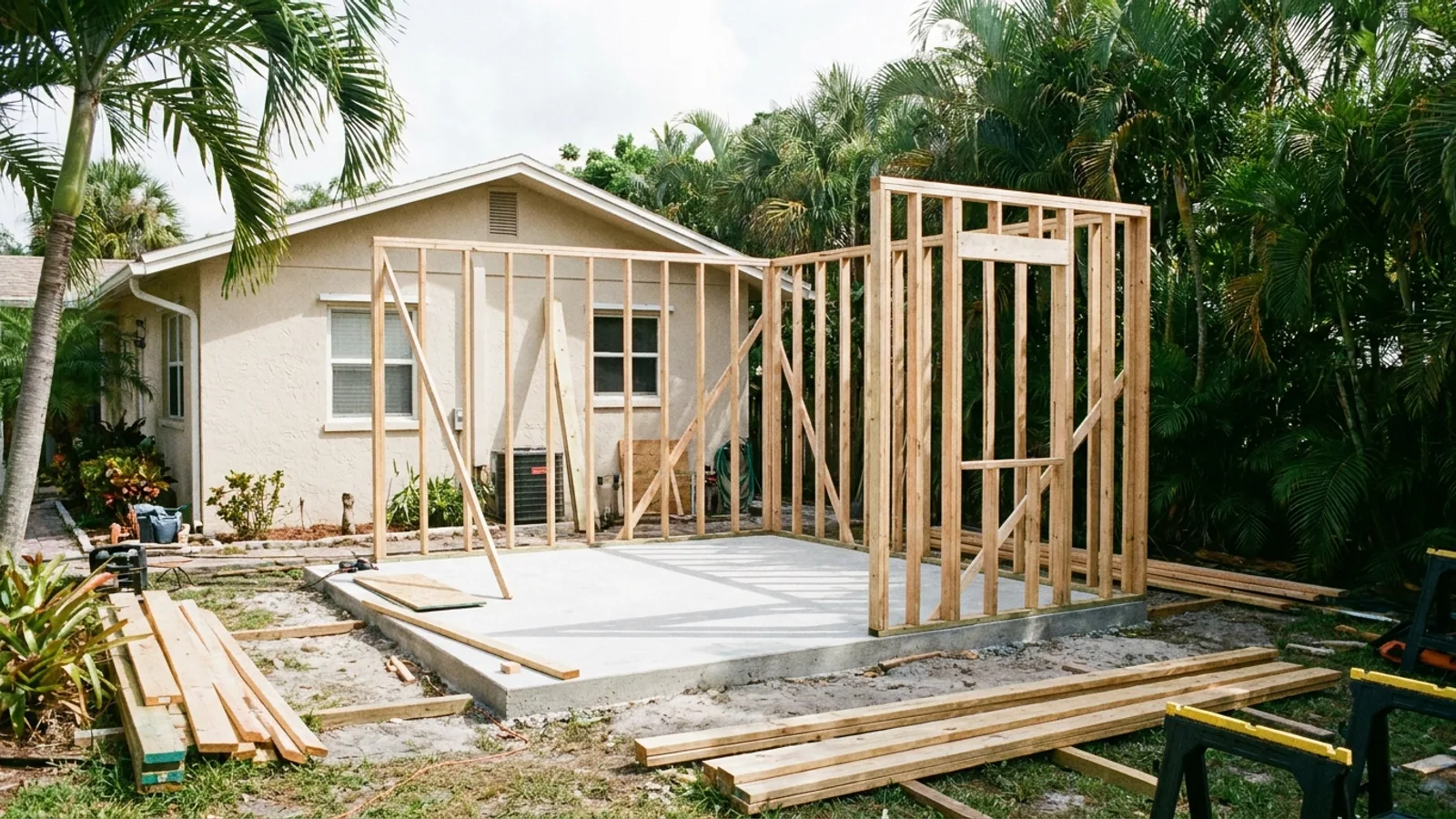 A small detached accessory dwelling unit under construction in the backyard of a Florida home