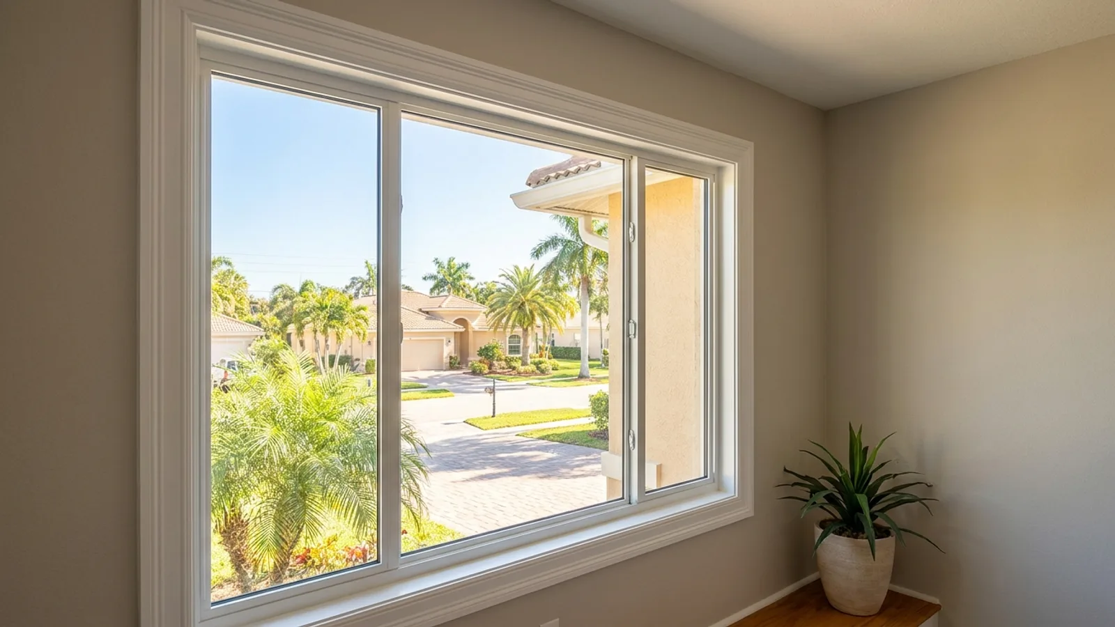 A newly installed impact-rated window in a Florida home with a sunny exterior view