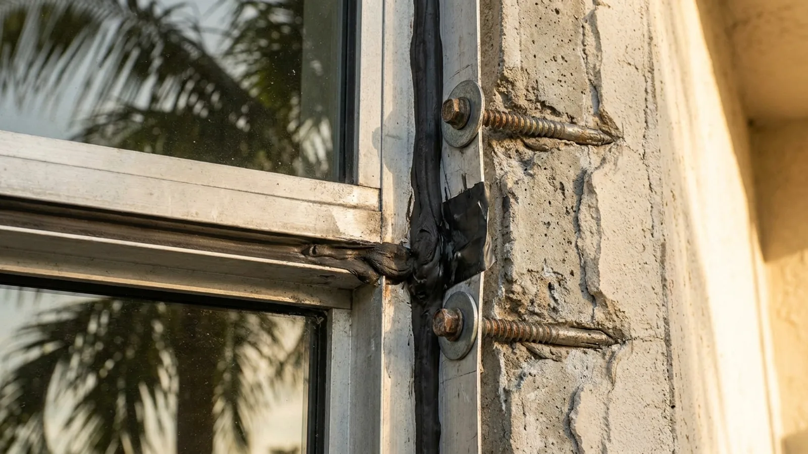 A close-up of an impact window frame edge showing heavy-duty anchoring screws and sealed installation