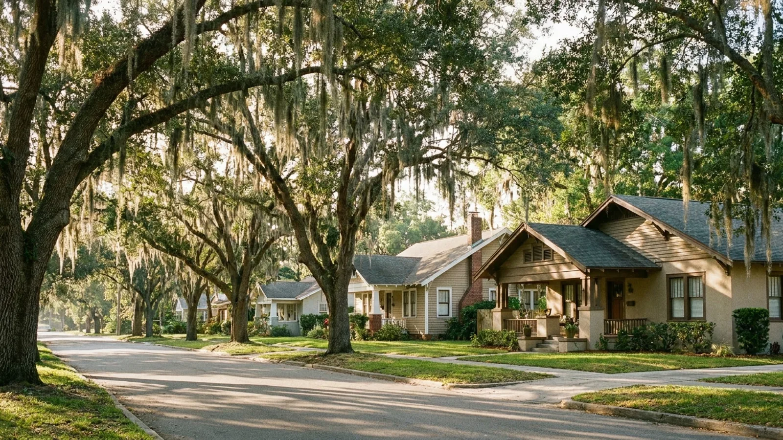A tree-lined residential street of single-family homes in Lakeland, Florida