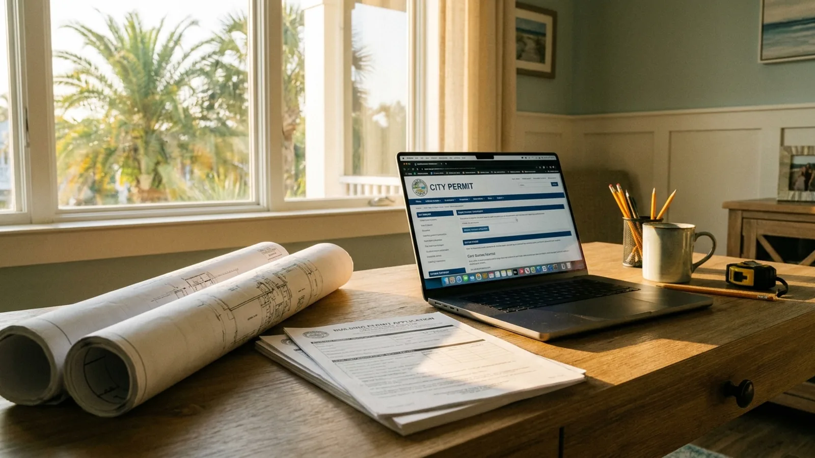 A homeowner reviewing building permit documents and plans at a desk
