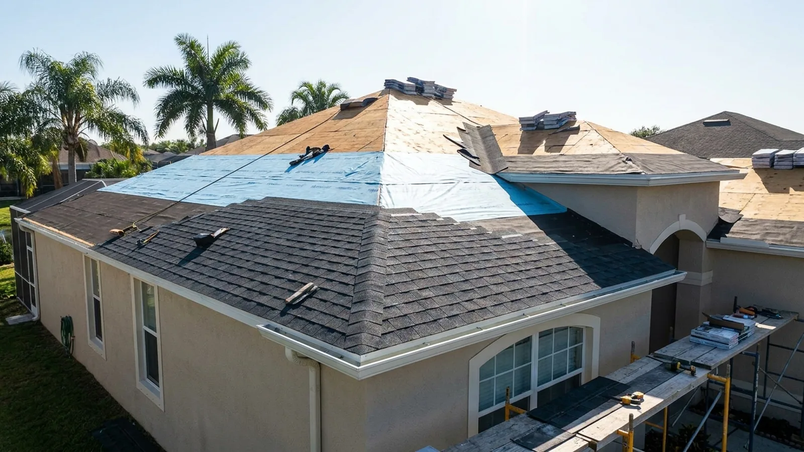 A residential roof being replaced with new shingles on a Florida home