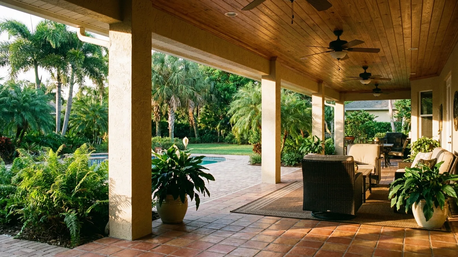 A covered lanai with a solid roof attached to the back of a Florida home overlooking a green backyard