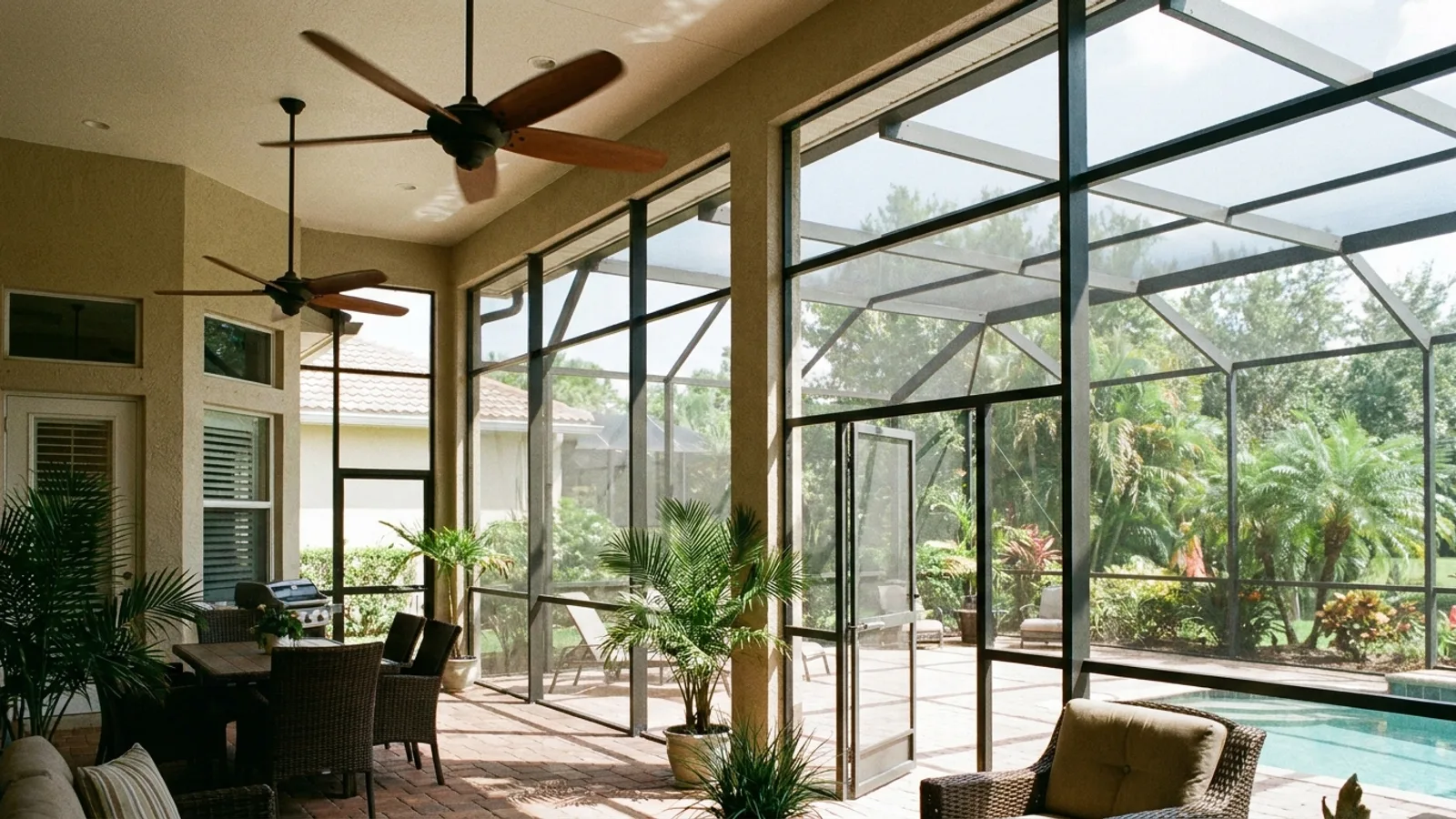 A screened lanai enclosure with an aluminum frame and ceiling fans attached to a Florida home