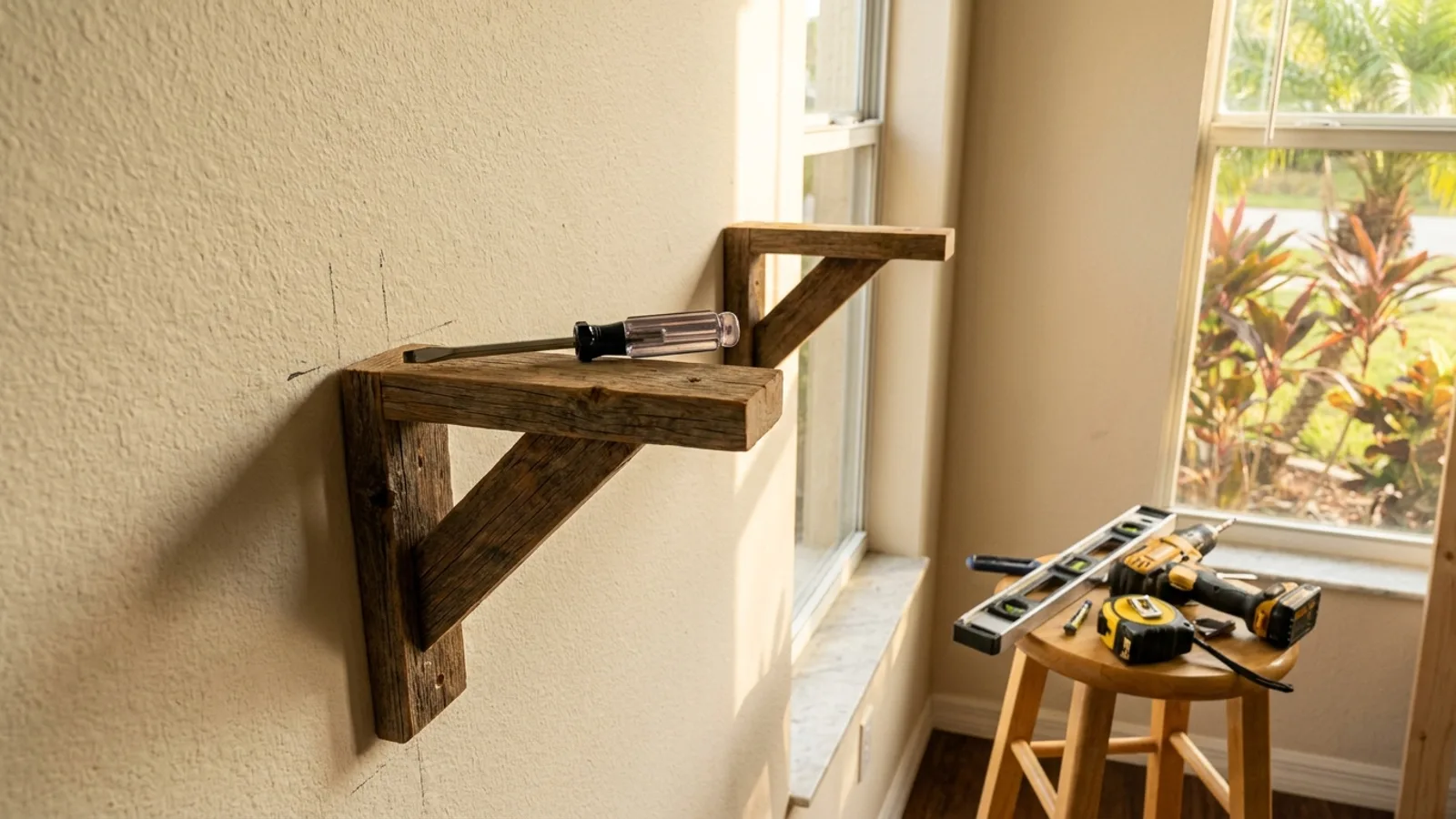 A handyman using hand tools for a minor repair inside a Florida home
