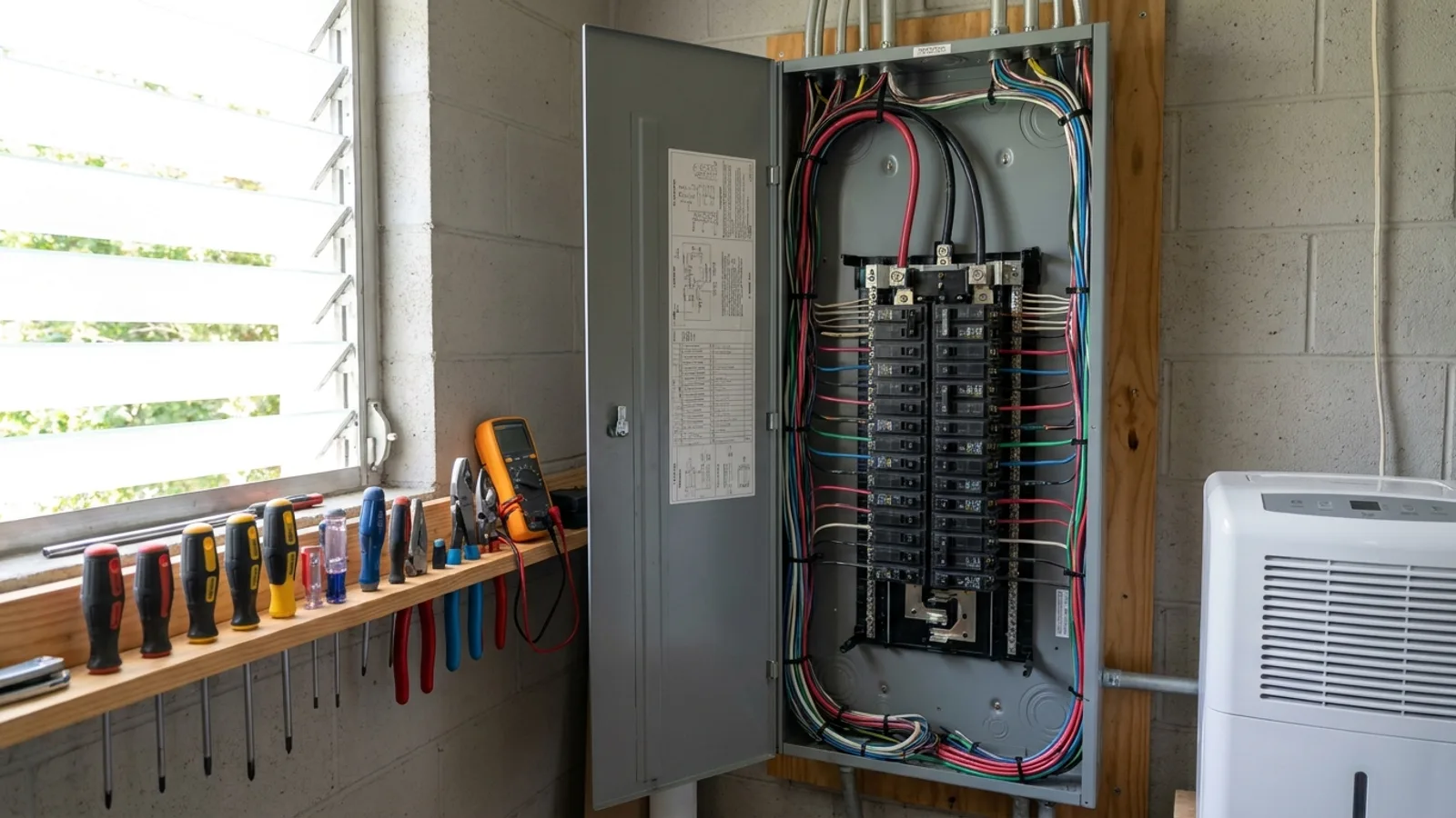 An open electrical panel with organized breakers in a Florida home utility area