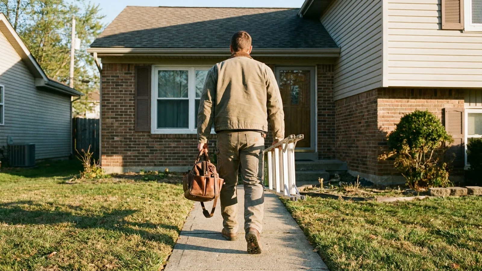 A handyman carrying tools toward the front door of a suburban home