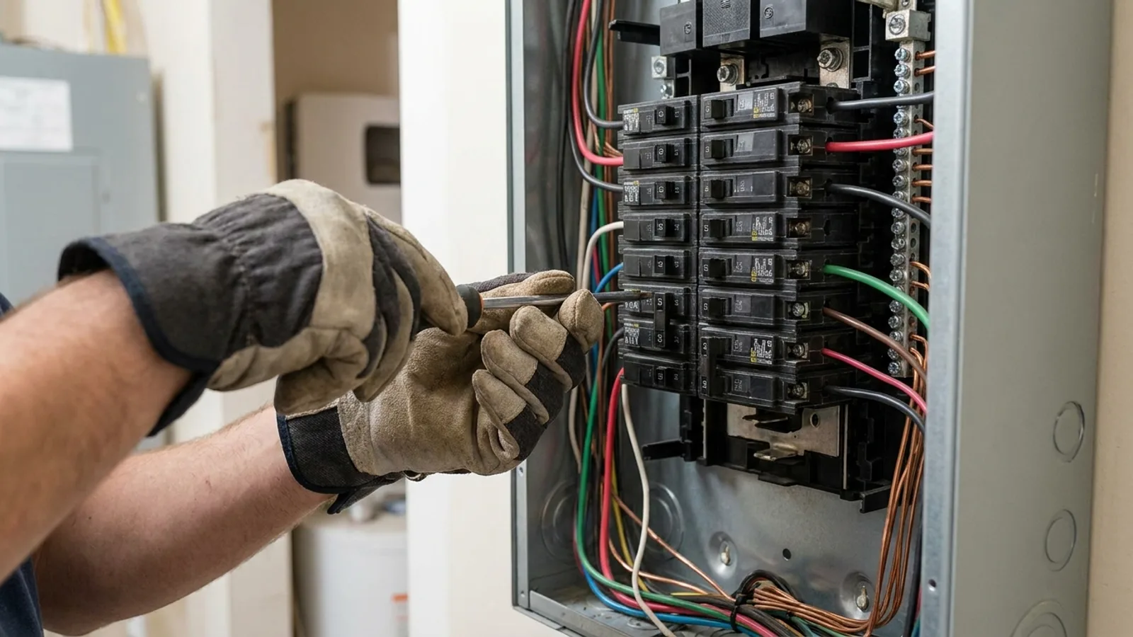 An electrician working inside an open residential electrical panel