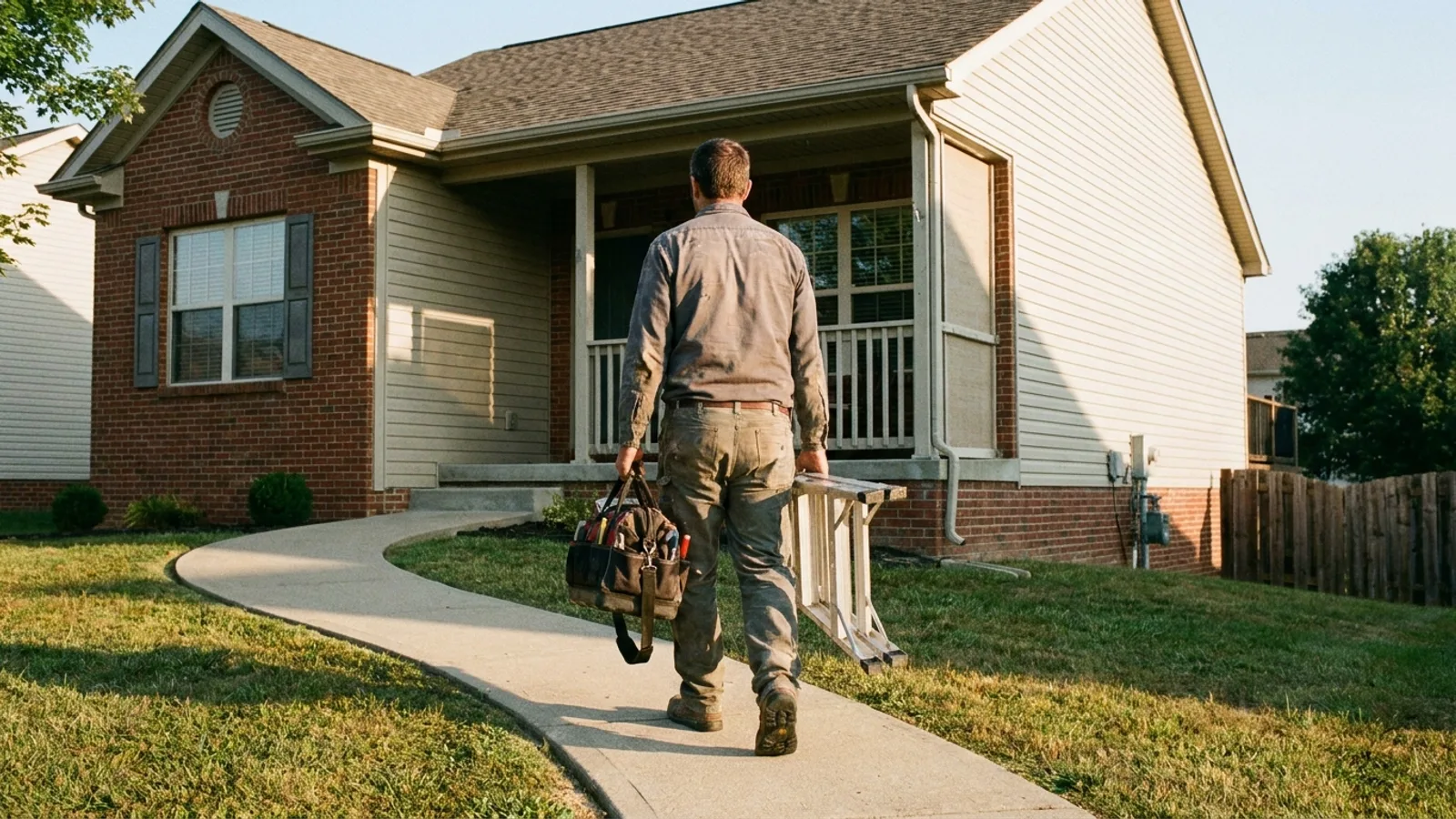 A tradesperson carrying tools toward the front door of a North Carolina home