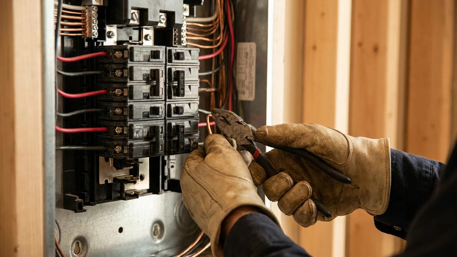 An electrician working inside an open residential electrical panel