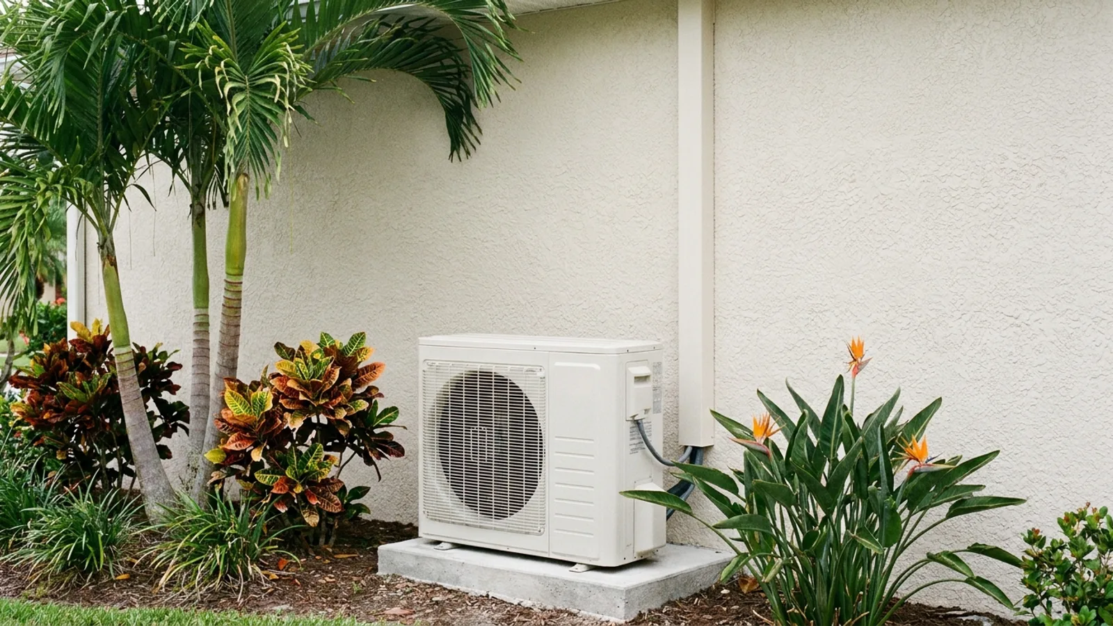 A ductless mini-split condenser mounted on a pad beside a Florida home